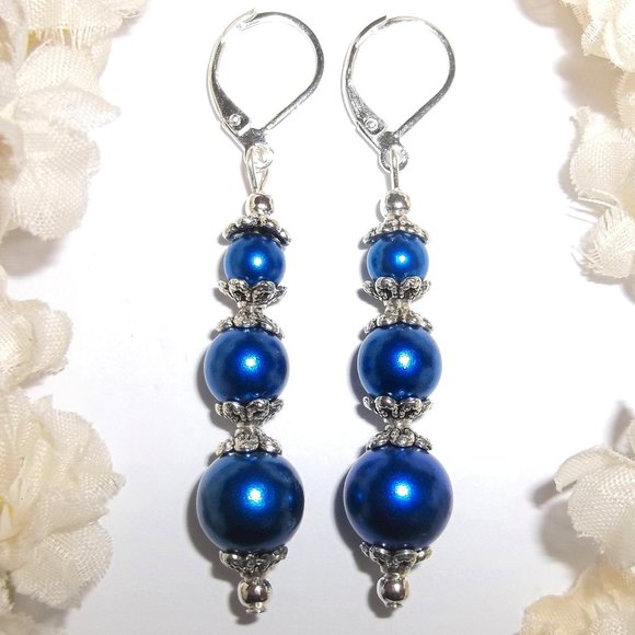 Blue Earrings, Blue Pearl Earrings, Blue and Silver Earrings, Earrings, NWT A757 - Picture 1 of 9